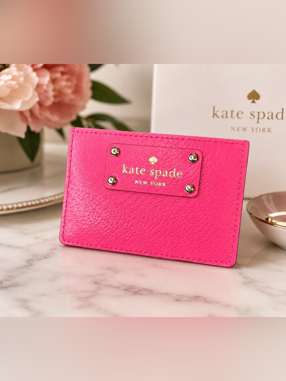 kate spade Vibrant Pink Pebbled Leather Card Holder with Gold Hardware